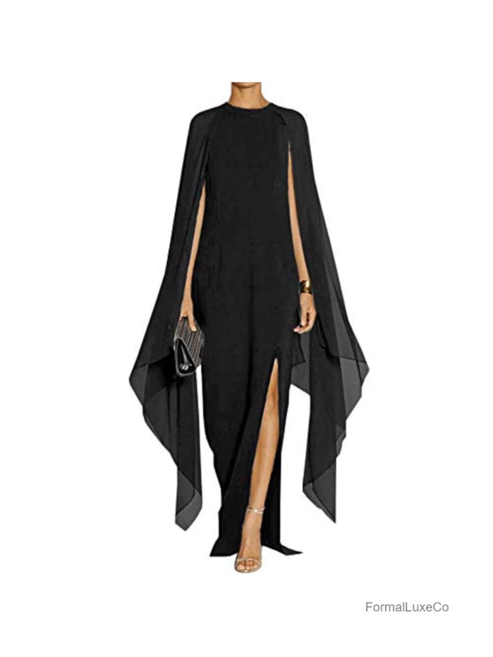 Women's Formal Maxi Dress with Cape Sleeves High Split Long Sleeve
